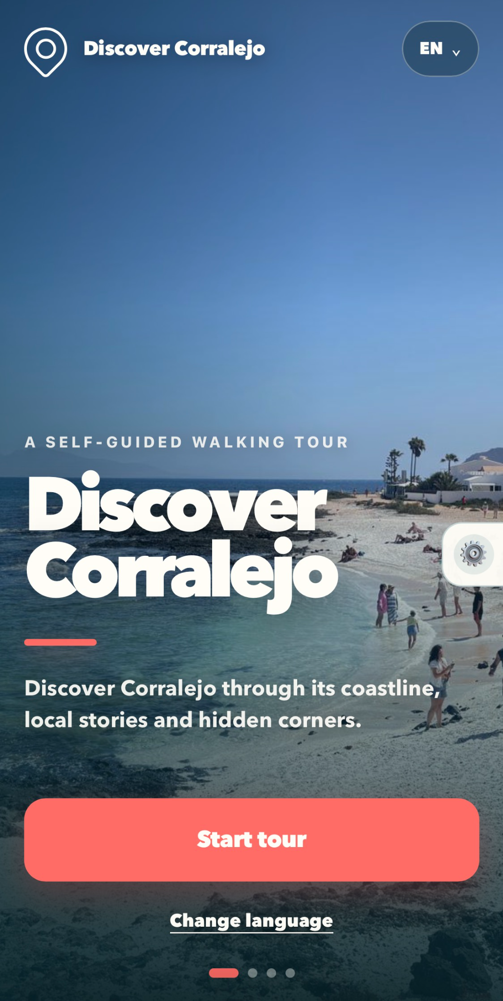 Discover Corralejo welcome screen with a coastal photograph and Start Tour button