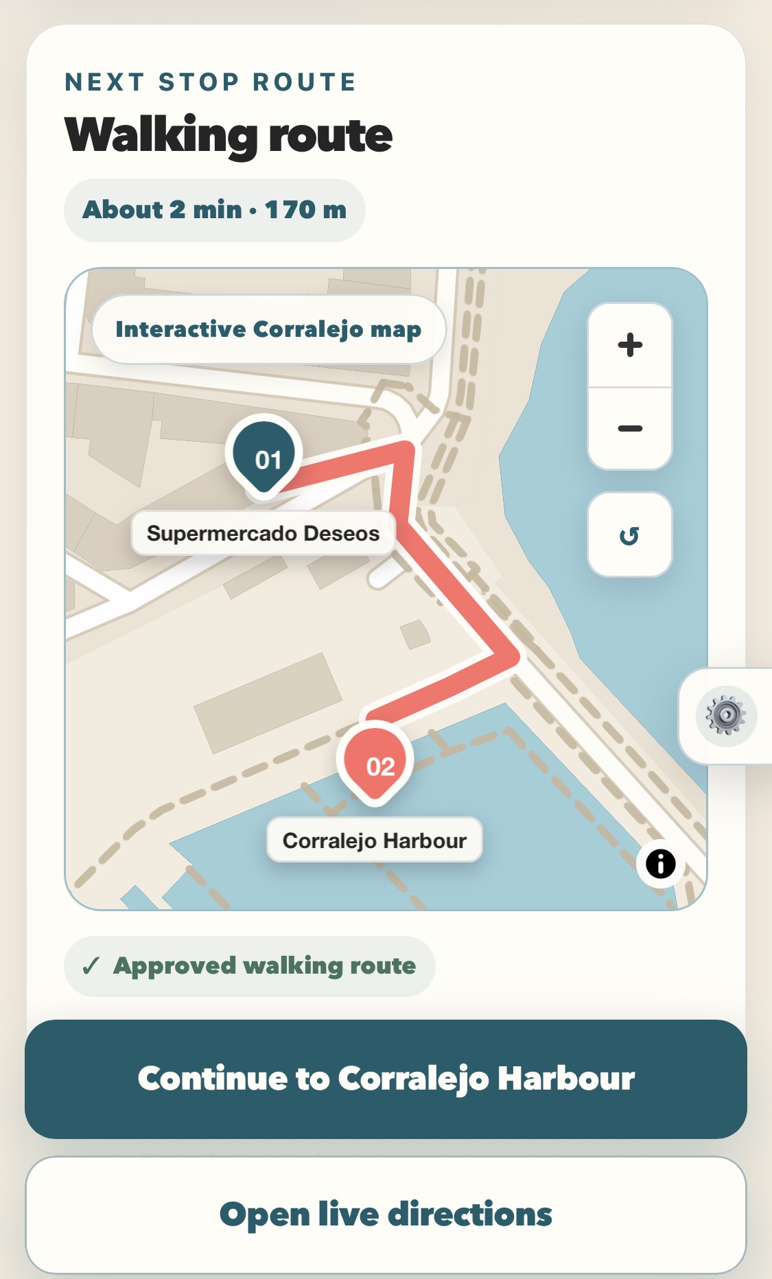 Discover Corralejo walking route screen showing the path to Corralejo Harbour