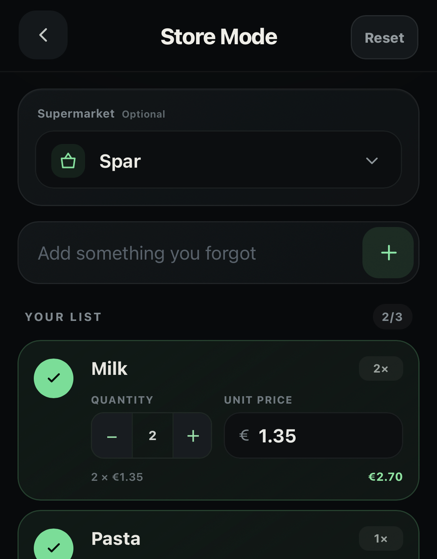Focused Spendly Store Mode preview using sample grocery items